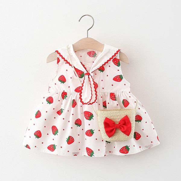 

baby girl dress strawberry print summer princess party dresses infant toddler kids clothes born dress+bag 2pcs outfit 6m girl's, Red;yellow