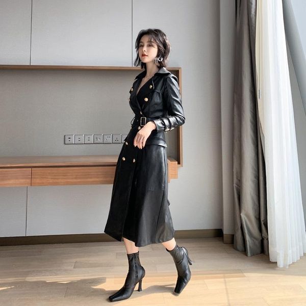 

women's leather & faux woman long sleeve double button pu jacket loose oversized black autumn womens