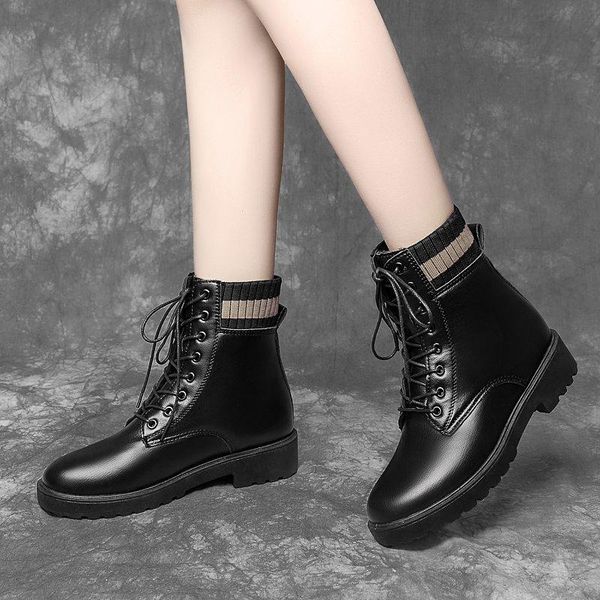 

boots fashion round toe women lace up 2021 ankle solid color winter shoes zapatos de mujer, Black