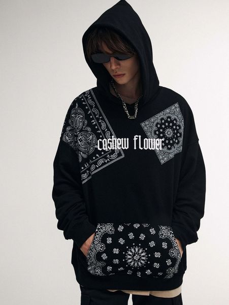 

men paisley & letter graphic kangaroo pocket hoodie q2gv#, Black