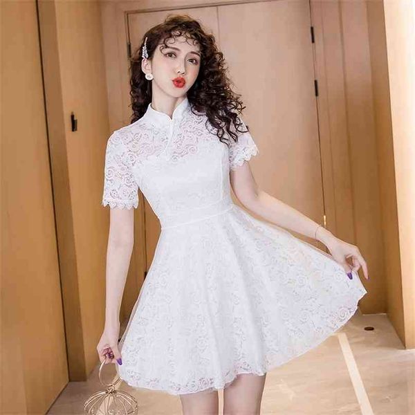 Laço branco mini vestido para mulheres verão manga curta carrinho oco para fora fada fada sexy vestidos 210602