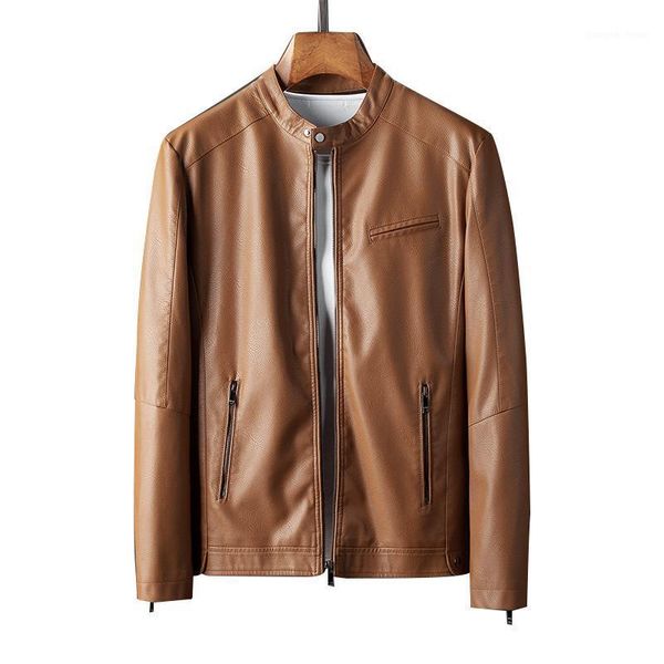 

men's fur & faux 2021 autumn young trend leather jacket men fashion slim solid color stand collar zipper pu, Black
