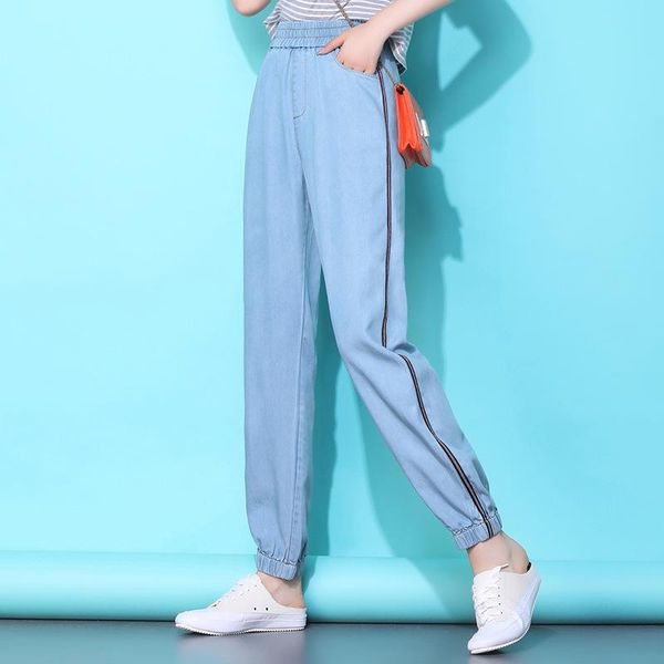 

women clothes tencel jeans female thick wide leg pants summer thin section harem nine points loose bloomers women's, Blue