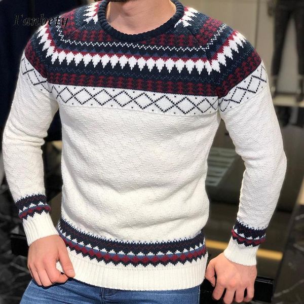 

men's sweaters men warm knitted jacquard jumper street autumn fashion long sleeve male vintage patchwork slim winter round neck 2emw, White;black