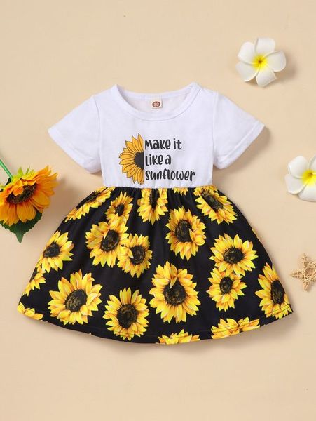

baby slogan & sunflower print combo dress she, Red;yellow