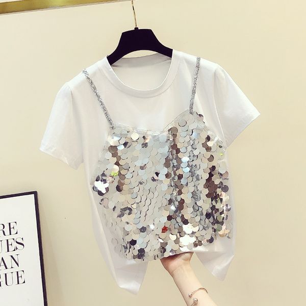 

t shirt short sleeve tshirt women's summer clothes sequined casual round neck t shirt girls ladies fashion sequins t-shirt tees, White