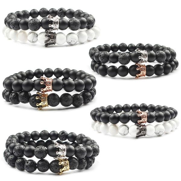 

lingxiang 2021 trendy lava stone pave cz imperial crown and helmet charm bracelet for men or women jewelry beaded, strands, Black