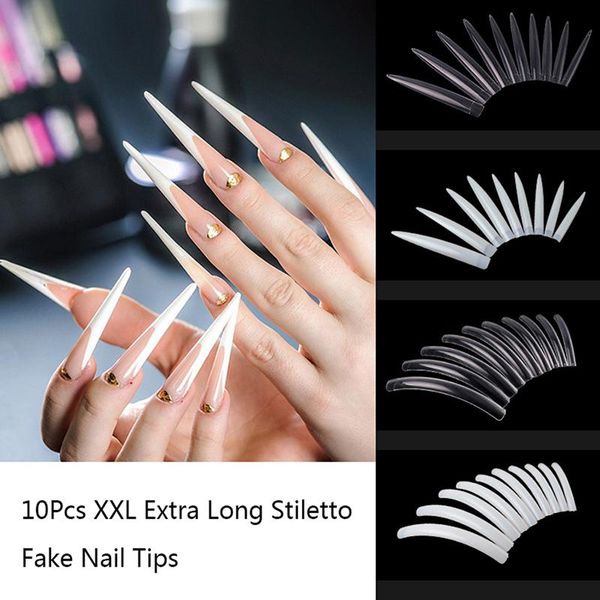 

false nails 10pcs stiletto nail tips extra long shape clear half cover art, Red;gold
