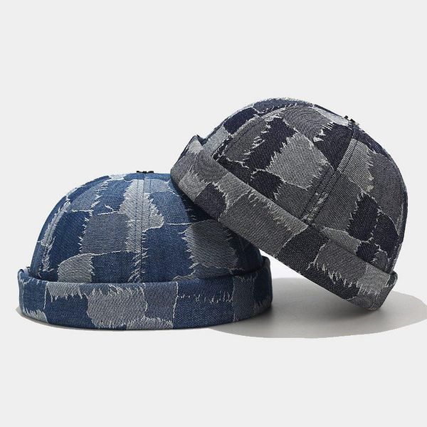 

contrast plaid denim brimless hat women's street dance retro dome melon cap skullies beanies sun protection