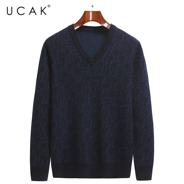 

men's sweaters ucak brand classic pure merino wool men v-neck streetwear casual sweater pull homme autumn winter thick pullover u1304, White;black