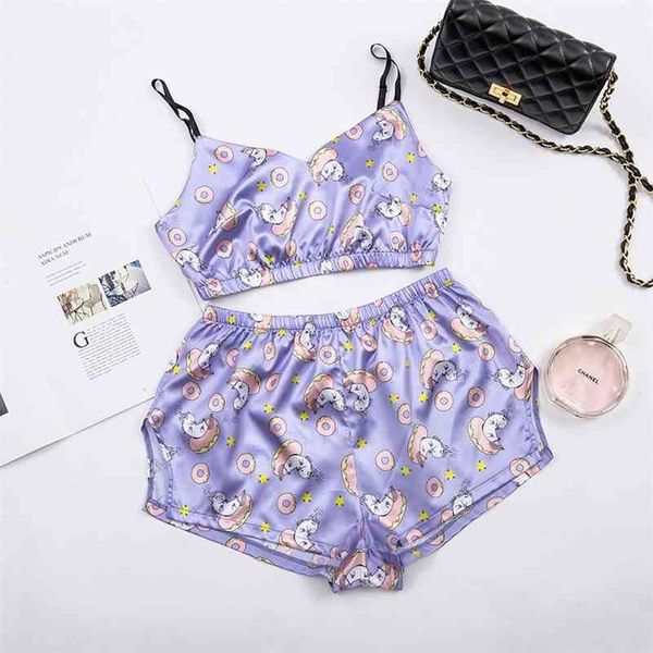

sleepwear unicorn lovely summer pyjamas women 2 piece set casual satin pajamas set female homewear sleeveless nightwear 210325, Black;red