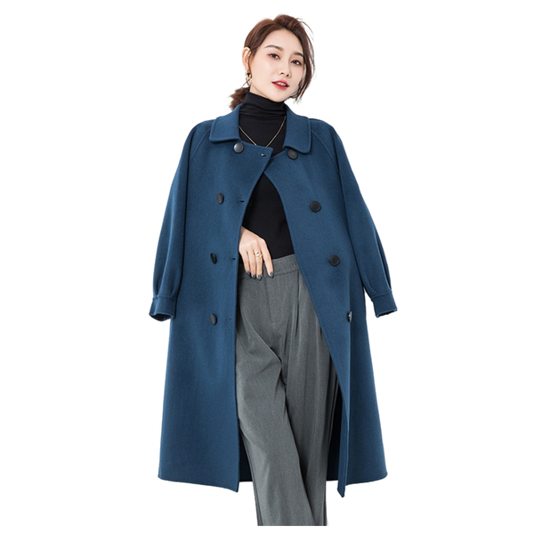 

women's wool & blends loose coat woman autumn winter thick pure color medium length casual thickened woolen trench black