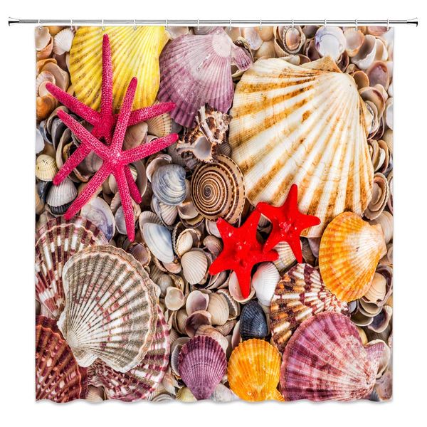 

seashell shower curtain,starfish colorful shell scallop conch natural summer ocean beach view fabric bathroom decor,hooks