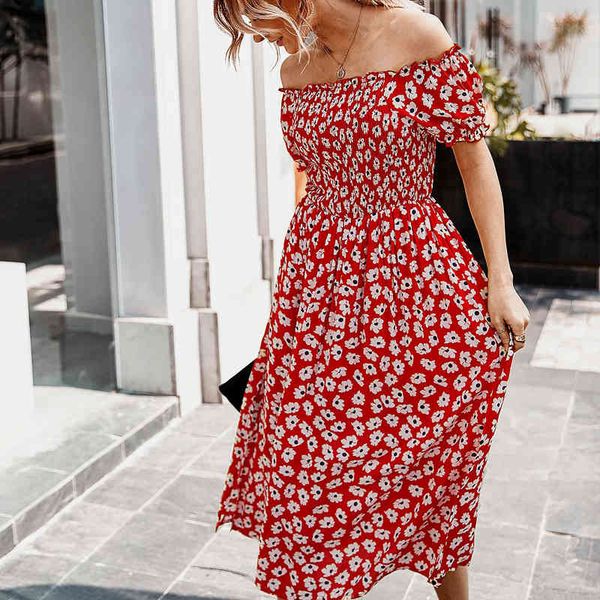 

summer elegant boho floral print midi dress women fashion slash neck beach split dresses women sundresses vestidos 210514, Black;gray