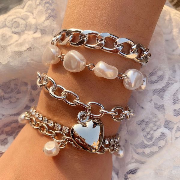 

bracelet jewelry heart shaped claw chain diamond hand decoration feminine temperament special shaped imitation pearl tassel bracelet set, Golden;silver