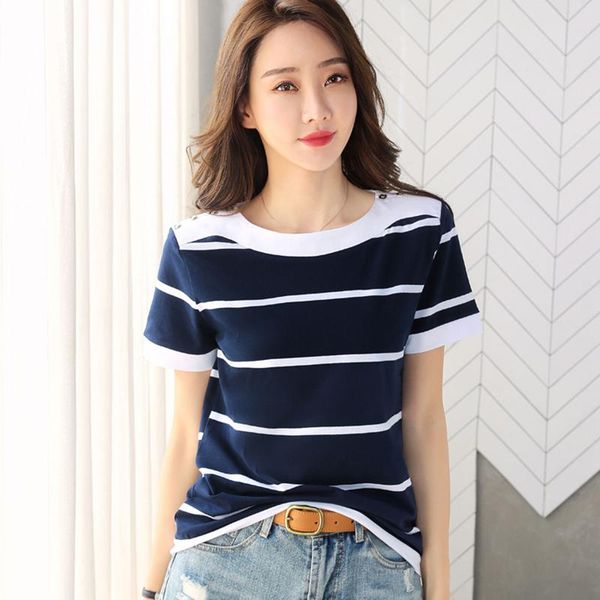 

shintimes cotton t shirt women button stripe 2021 summer short sleeve t-shirt woman tshirt korean style tee femme women's, White