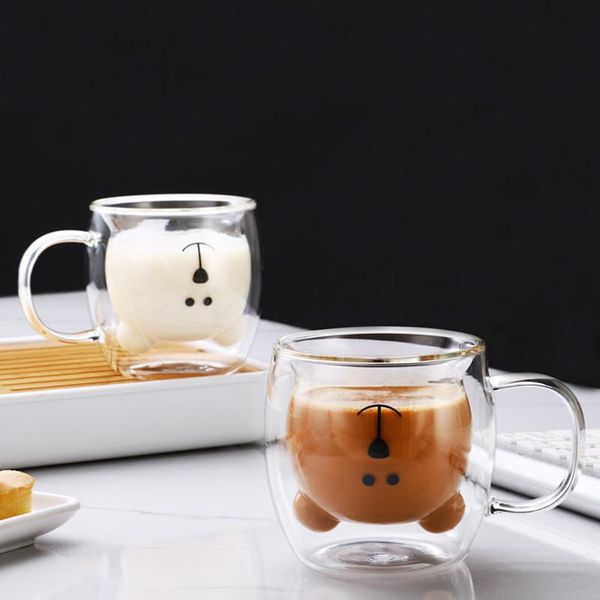

wine glasses double wall glass mugs cute bear cup coffee milk birthday gifts insulated double-layer student couple