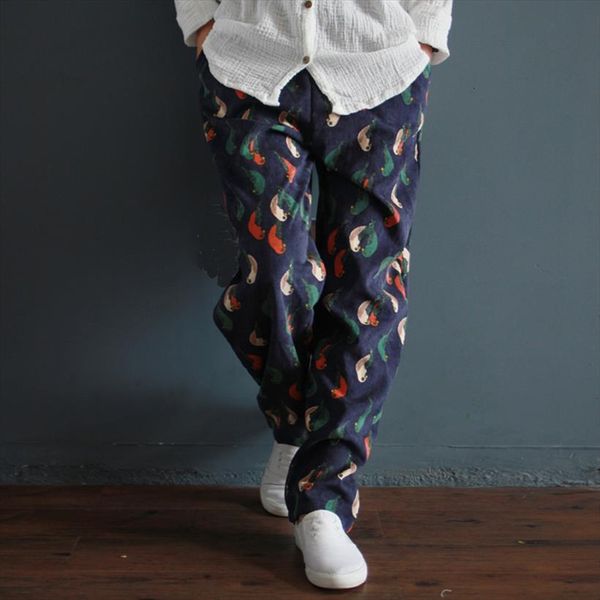 

trouser print bird loose women pant spring warm corduroy casual vintage original cotton linen pants, Black;white
