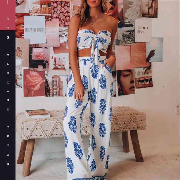 

summer 2 pieces suit boho womenpant clothes set floral print sleeveless strapless crop long loose wide leg pants ladies, White