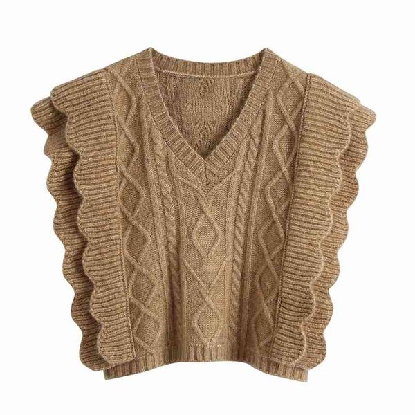 

women autumn wool knitted vest sweater sleeveless cascading ruffle v-neck fashion street female waistcoat ribbed 210513, White;black