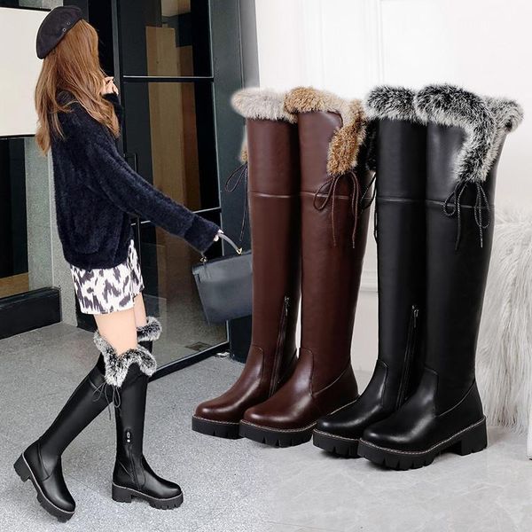

boots ymechic thigh high fur warm back cross-tied over the knee botas long women side zipper shoes size 34-43 autumn winter 2021, Black