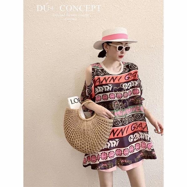 

casual dresses european station off shoulder loose large lettered t-shirt women's summer short sleeve trend, Black;gray