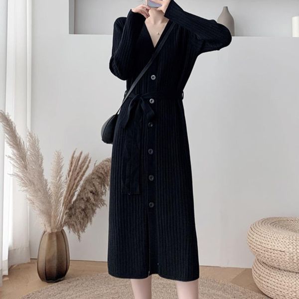

casual dresses autumn winter bottomed knitted maxi dress high waist long sleeve single breasted sweater strappy robe femme hiver 2021, Black;gray