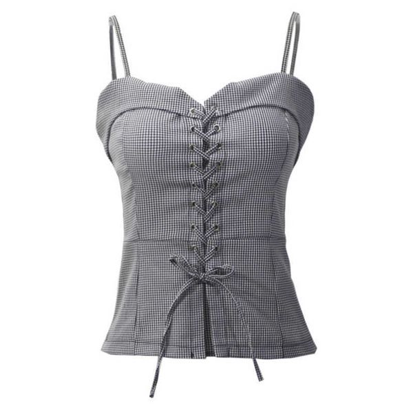 

perhaps u gray camis plaid sleeveless strap solid lace up v neck bodycon women female b0137 210529, White