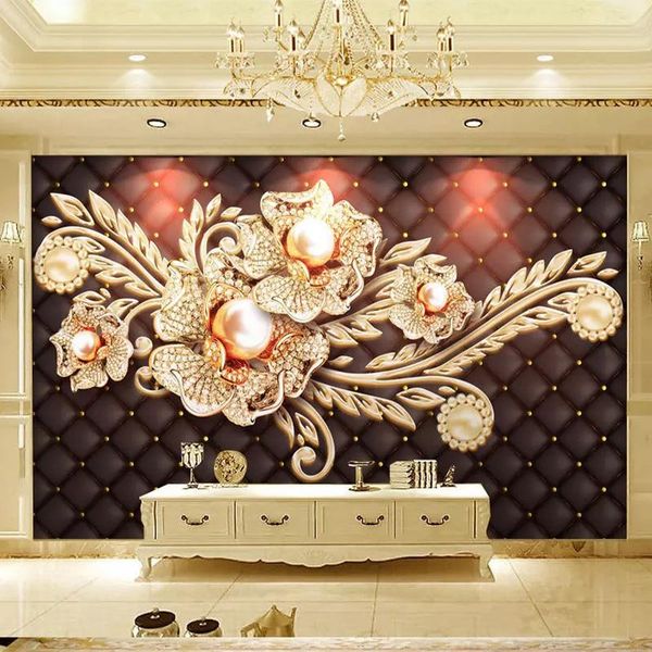 

custom murals wallpaper 3d stereo black simple jewelry diamond pearl flower european style living room tv background wall papers wallpapers