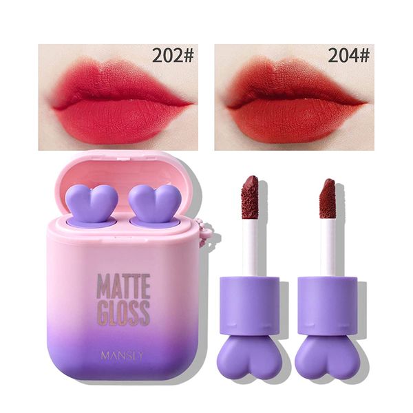 Air Matte Lipgloss, langlebig, wasserfest, feuchtigkeitsspendend, samtig, flüssiger Lippenstift, Antihaft-Cup-Lippen-Make-up-Set, violette Verpackung, 2 Stück/Set