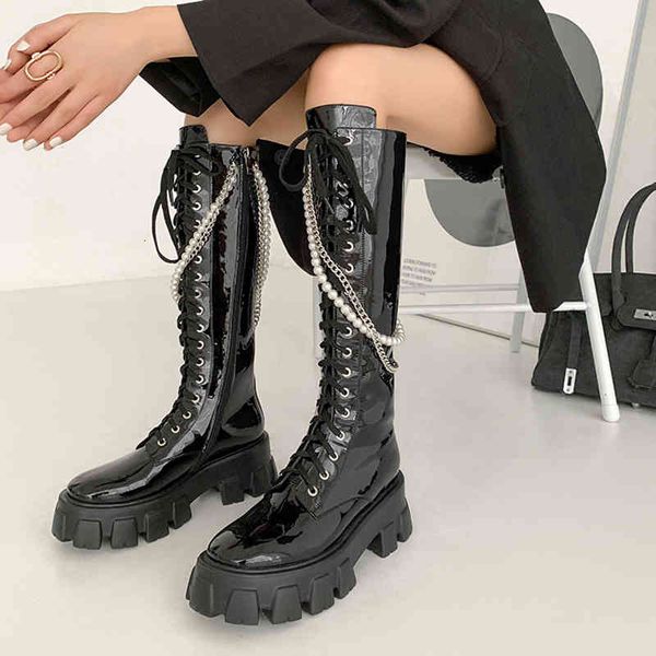 

boots pearl chain platform horseman for cross-tied women velvet at the height of knee- high with zipper leather woman in cow 39rd, Black