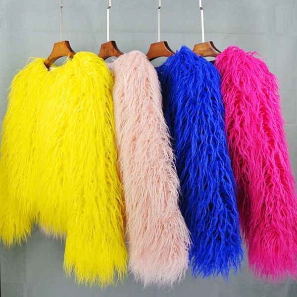 

women's fur & faux women's coat colorful furry pink lamb wool female shaggy plus size sheepskin winter artificial jacket, Black