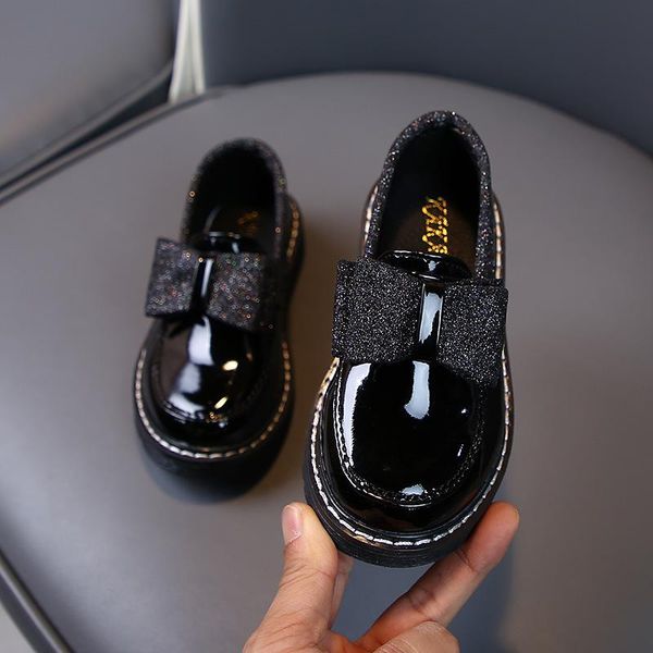 

kids pu leather shoes spring princess wedding girls for big dress party soft flats with bowtie slip on flat, Black;grey