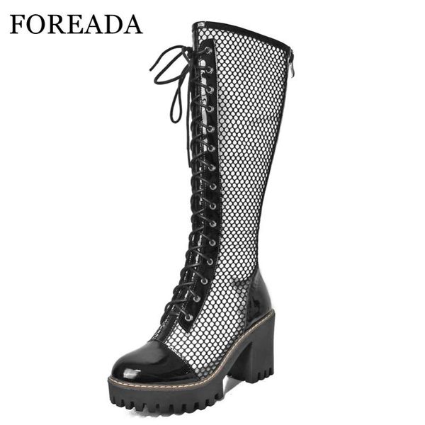 

boots foreada punk style shoes woman genuine leather platform block high heels knee round toe cross-tied goth, Black