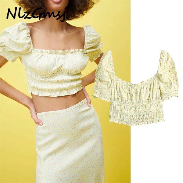 

women blouse yellow print crop female square neck short puff sleeve summer elastic blouses 04 210628, White