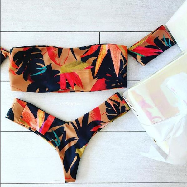 

women swimwear 2021 print bandage brazilian bikini off shoulder swimsuit beach thong bathing suit 3096by air