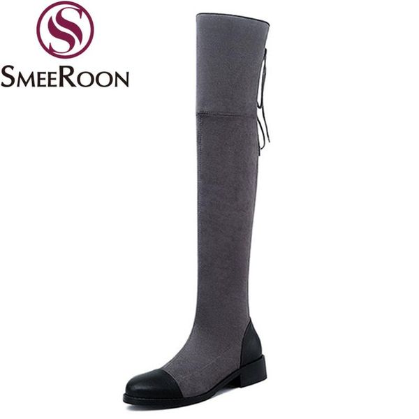 

boots smeeroon 2021 winter fashion lace up mixed colors ladies shoes square heels round toe with zip over the knee, Black