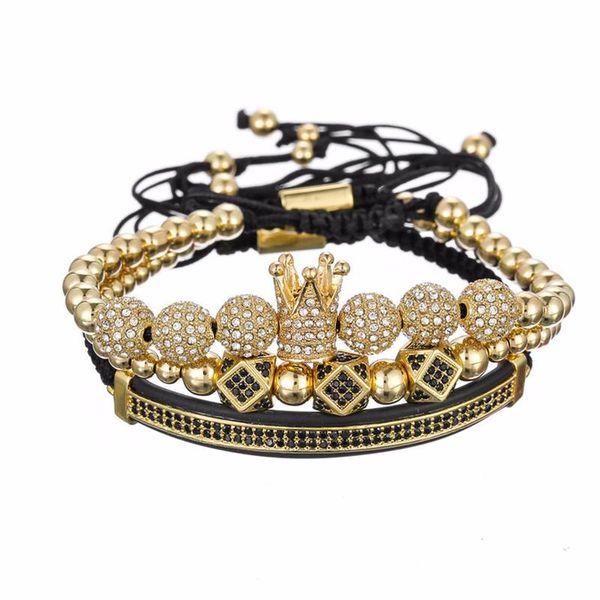 

charm bracelets hip hop geometric zircon beads crown handmade adjustable lace-up multilayer leather for men, Golden;silver
