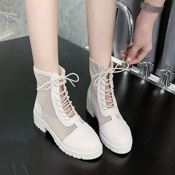 

boots 2021 summer mesh hollow out women sandals fashion breathable shoes ankle cool boot with bandage pu, Black