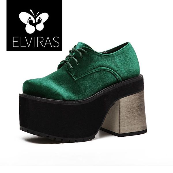 

dress shoes elviras 2021 fashion spring autumn high heels casual woman black green round toe platform pumps for women lacing flock