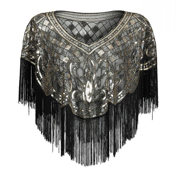 

dresses africa clothing 1920s scarves pashmina tassel beaded flapper shawl women african luxury sequin mesh cape cover up shawls wraps, Black;gray