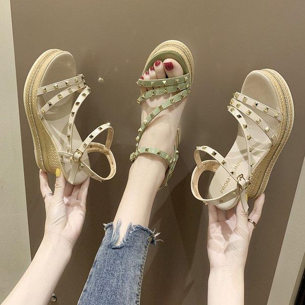 

sandals summer casual glitter wedge high heel bling studded open toe beige heels platform rivets women shoes, Black