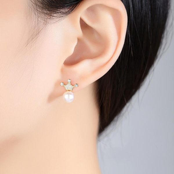 

stud simple luxurious natural pearl woman's earrings fashion crown crystal cute sweet korean women 925 silver jewelry, Golden;silver