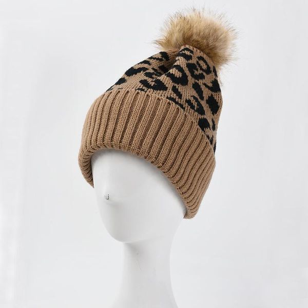 

beanie/skull caps 2021 leopard print knitted hat pompom cap women autumn winter warm woolen fashion all-match hair ball beanie women's, Blue;gray