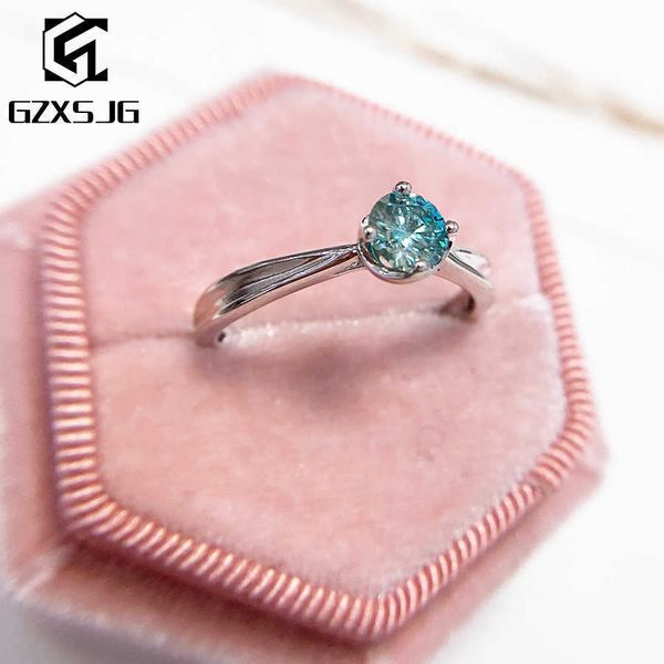 

gzxsjg green blue moissanite rings for women 0.4ct 5mm round cut ring diamond test passed fashion claw setting christmas gift, Golden;silver