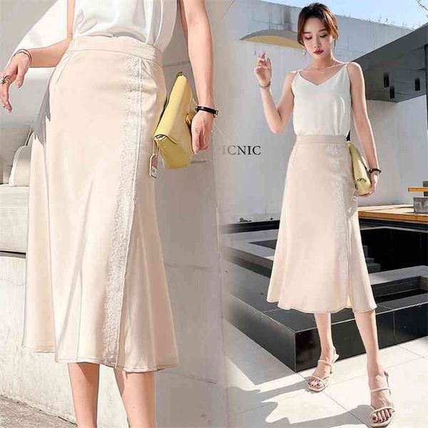 

korean fashion skirts high-waisted long woman summer solid mid-calf lace women clothing black for female 210427