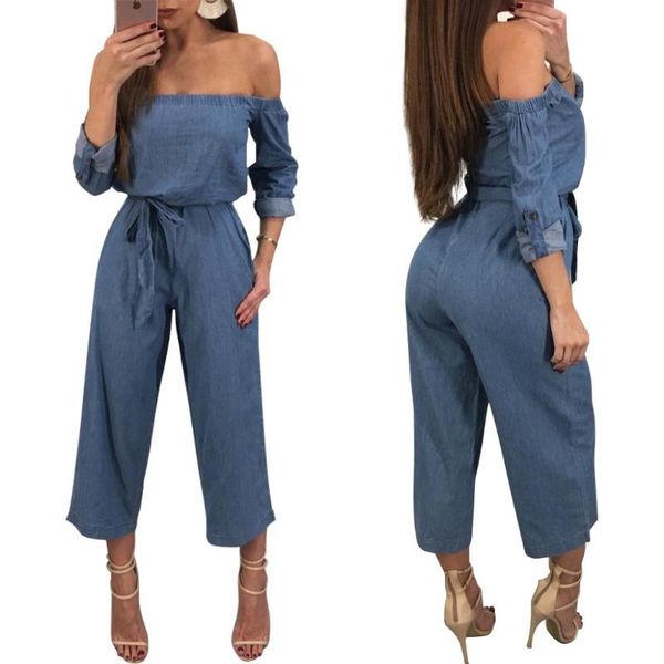 

women's jumpsuits & rompers 2021 loose off shoulder denim jeans jumpsuit for women long sleeve backless romper woman ladies, Black;white