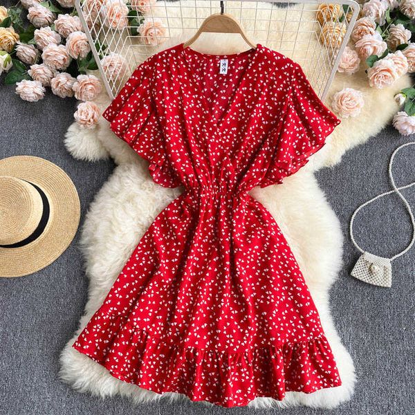 

sweet green/red/white printed mini dress women ruffle short sleeve high waist vestidos elegant female robe summer 2021 fashion y0603, Black;gray