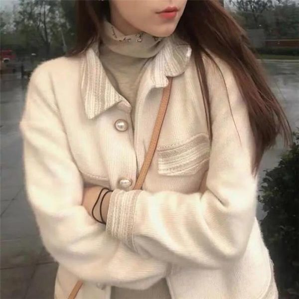 

women's jackets vintage pearl buttons jacket women fall korean fashion long sleeve velvet coat elegant loose small fragrance style chic, Black;brown