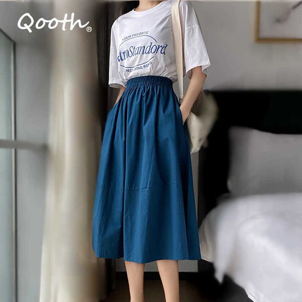 Qooth Plain Rock Ne All-Match Solid Color Plissee Female Cotton Blend Tutu Jupe Longue QT042 210609